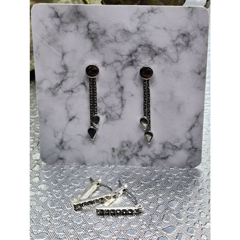 "5/$40" Set Of 2 Silvetone Edgy Fashion Earrings Dangle Post/Rhineston Hoops